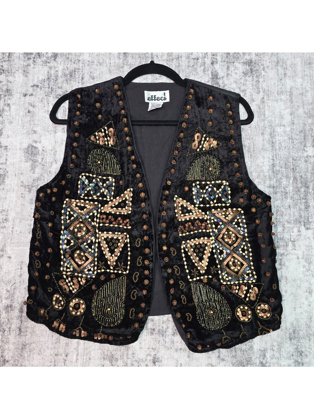 Effect Vest Womens Medium Black Sequin Beaded Velvet Boho Festival Retro 90s M